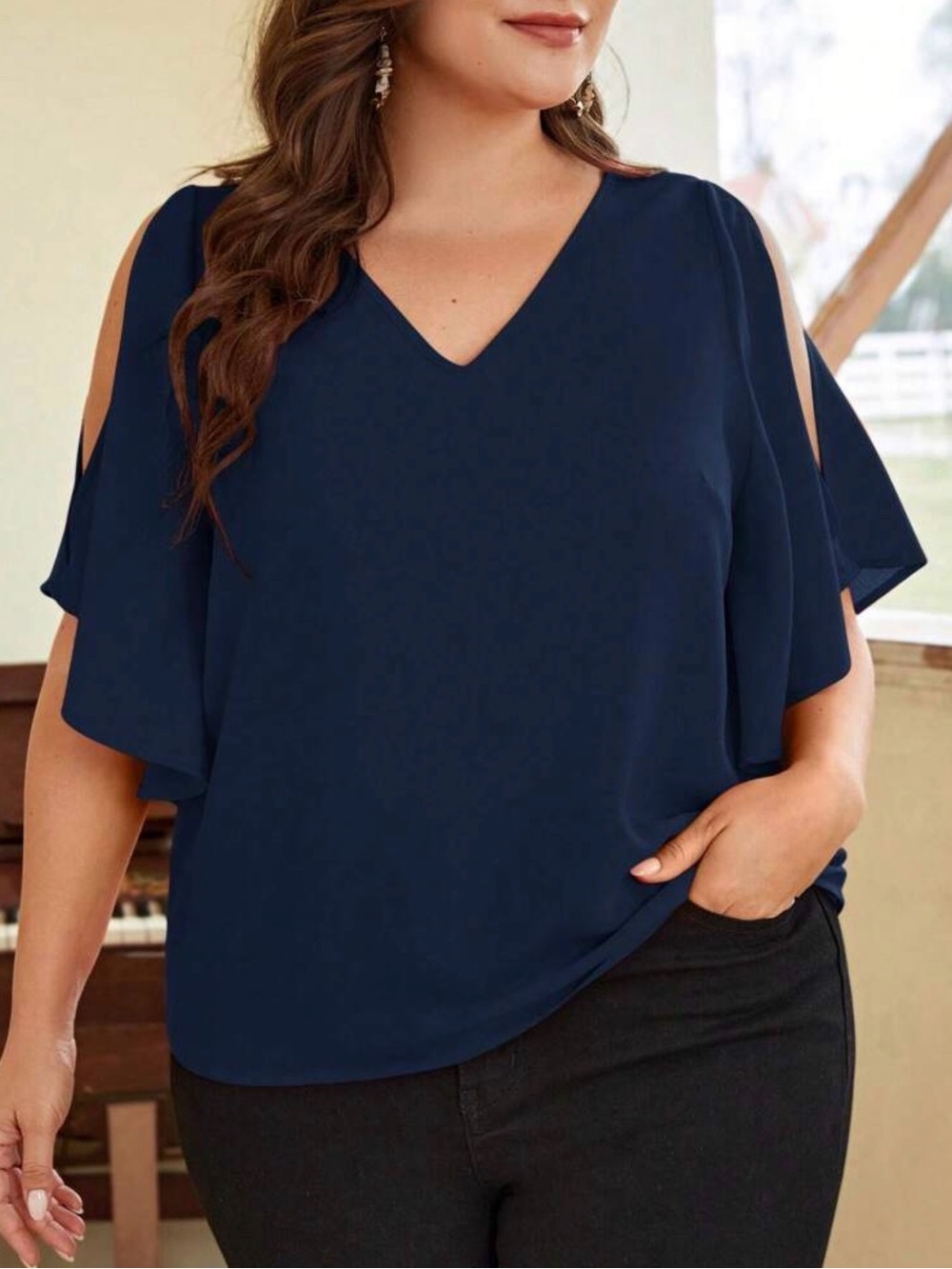 Navy V-Neck Cold-Shoulder Flutter Sleeve Blouse